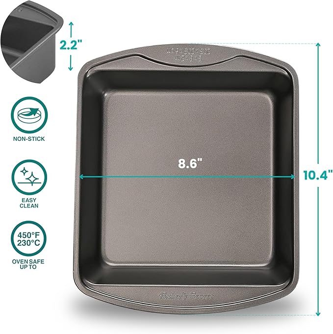 Baker's Secret Square Cake Pan 8" 1pc Nonstick, Premium Food-Grade Coating, Non-stick Square Pan, Carbon Steel- The Classic Collection