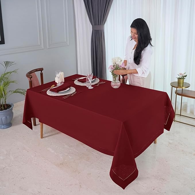 D'Moksha Homes Dark Red Linen Tablecloth 60 x 156 Inch - 100% Pure Linen Red Tablecloth for Rectangle Tables - Classic Hemstitch, Machine Washable Table Cloth for Summer, Fall and Halloween