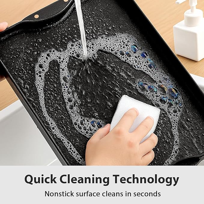 Utheer Nonstick Reversible Cast Iron Griddle 16.5" x 10.5", Ceramic Cooking Surface, Flat & Ribbed Sides, with High Sides & Grease Trap, Stovetop Griddle for Gas Grill, Charcoal, Oven & Outdoor BBQ