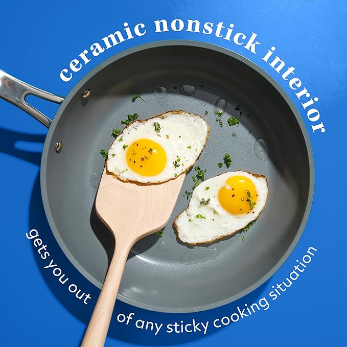 Sur La Table Kitchen Essentials 10 Piece PFA Free Non-Toxic Titanium Ceramic Nonstick Interior Forged Aluminum Cookware Pots and Pans Set - Linen White - Induction Compatible