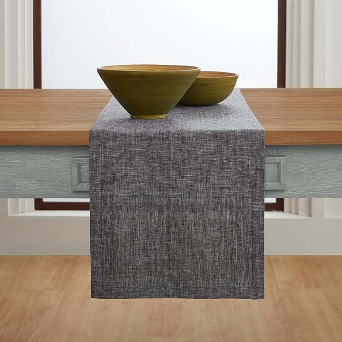 Solino Home Linen Short Table Runner 60 Inches - Athena, 100% Pure Linen Chambray Black Table Runner 14 x 60 Inch Ideal for Dresser and Coffee Tables - Summer, Halloween