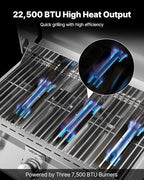 VEVOR Tabletop Gas Grill, 3-Burner Stainless Steel Portable Propane Grill, with Built-in Thermometer, Travel Locks, Weatherproof Lid, 22,500 BTU Total, for Outdoor Cooking, Patio, Party, Camping, RV