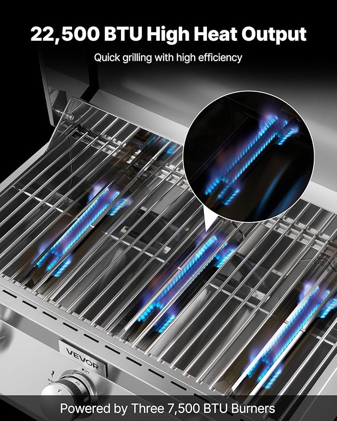 VEVOR Tabletop Gas Grill, 3-Burner Stainless Steel Portable Propane Grill, with Built-in Thermometer, Travel Locks, Weatherproof Lid, 22,500 BTU Total, for Outdoor Cooking, Patio, Party, Camping, RV
