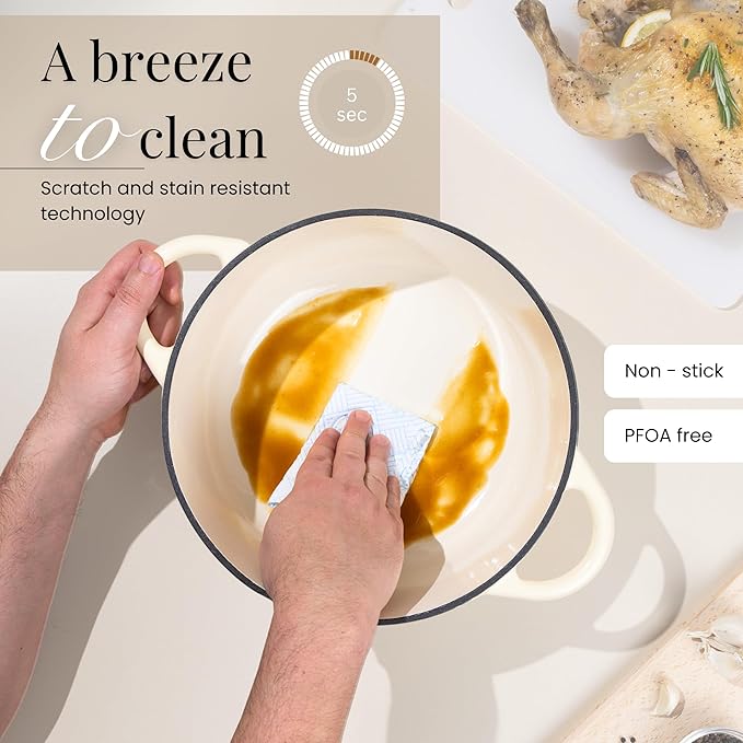 Nuovva Enamelled Cast Iron Dutch Oven Pot with Lid – 6.4 Quart Non Stick Casserole Pot – Heavy Duty & Oven Safe up to 500° F for Bread Baking, Braising, Stews, Roasting – 28cm Cream