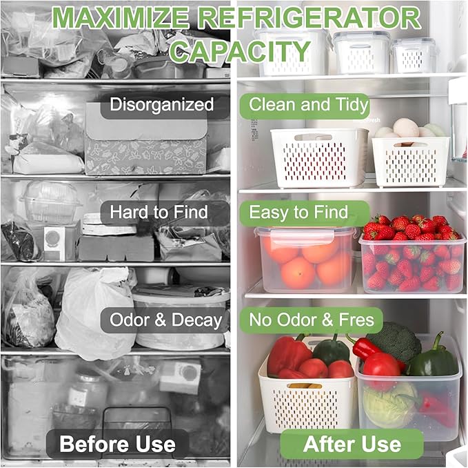 Large Fruit Containers for Fridge, Airtight Food Storage Containers with Removable Colander, Dishwasher and Microwave Safe, Berry Produce Container Keep Fruits, Vegetables, Meat Fresh Longer, 6 Pcs