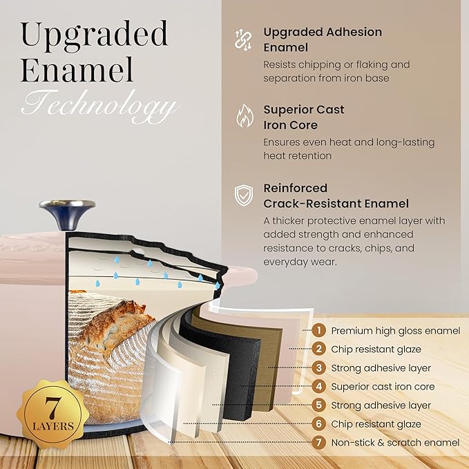 Nuovva Enamelled Cast Iron Dutch Oven Pot with Lid 6.4 Quart Non Stick Casserole Pot – Heavy Duty & Oven Safe up to 500° F for Bread Baking, Braising, Stews, Roasting – 28cm Oyster