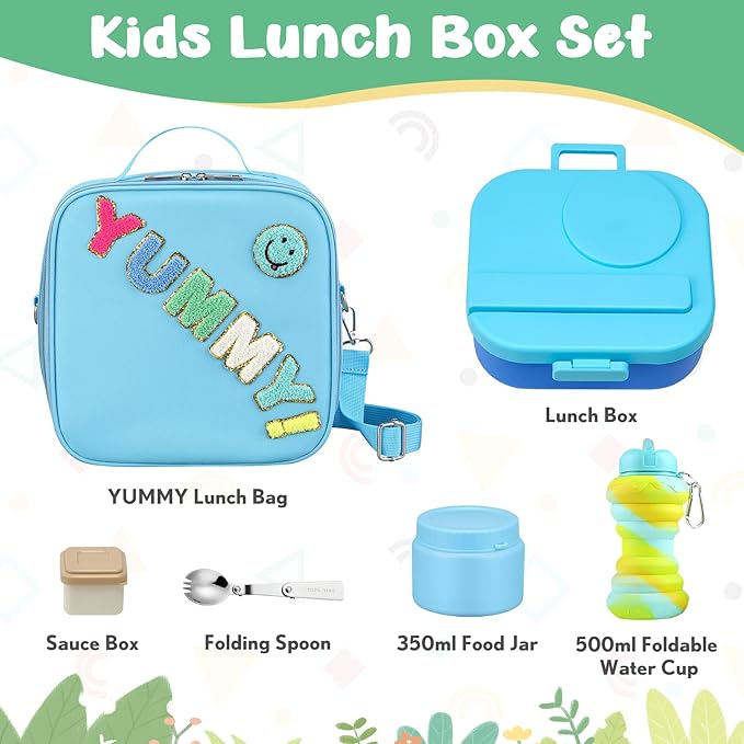 Kids Bento Lunch Box with 12oz Soup Thermo, Kids Leakproof Lunch Food Container with 4 Compartments, Insulated Lunch Bag & Water Cup for Girls Boys to School Travel