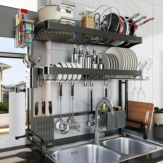 Over The Sink Dish Drying Rack,3 Tier Adjustable Length Full Stainless Steel Large Storage Kitchen Dish Rack,for Kitchen Counter Expandable Multifunctional Organizers,Silver (25.5'' to 37.6'')