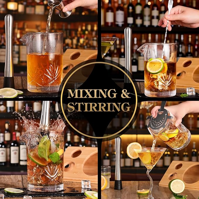 Cocktail Mixing Glass, veecom 6 Piece Crystal Bar Mixing Glass Bartender Set with Bamboo Stand, 18oz Old Fashioned Kit Cocktail Beaker Glass Set with Strainer, Muddler, Spoon, Jigger