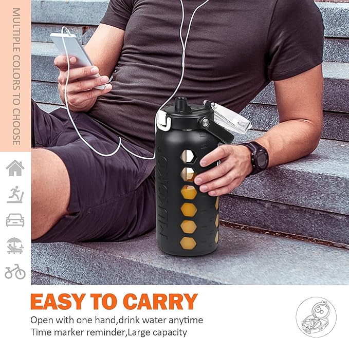 MUKOKO Half Gallon/64 oz Glass Water Bottles with Straw and Lid,Motivational Water Jug with Time Marker Reminder and Silicone Sleeve,100% Leakproof BPA Free Fitness Sports Large Bottle-Black