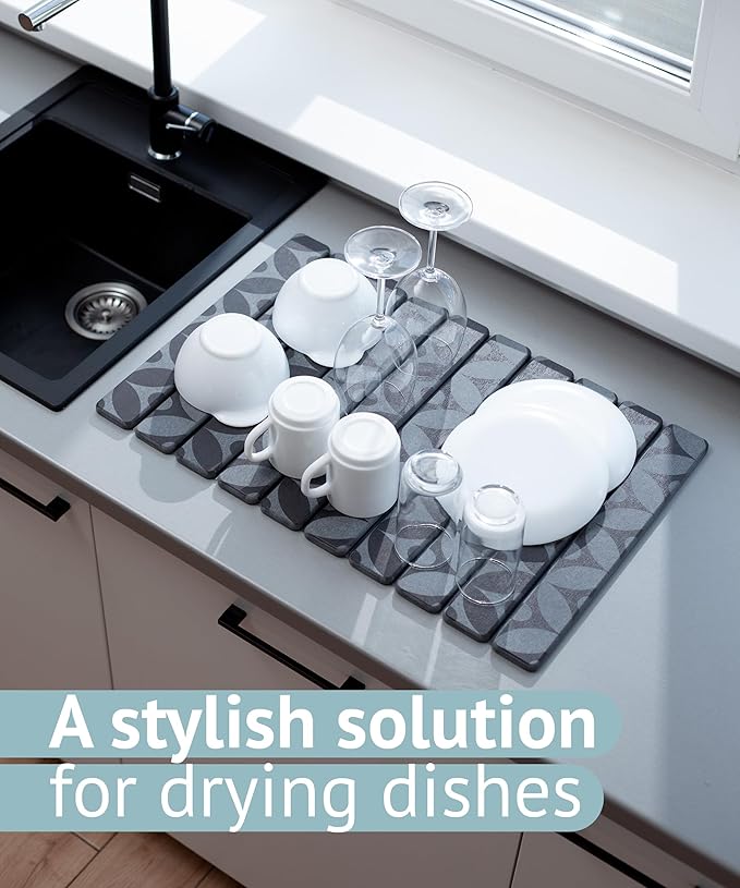 Large Stone Drying Mat for Kitchen Counter, 23.6" x 15.3" Quick Dry Foldable Diatomaceous Earth Dish Drying Mat, Stain-Hiding Design, Eco-Friendly Large Sink Mat for Dishes and Utensils