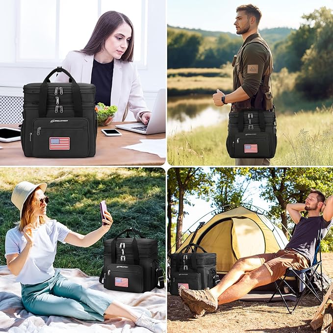 Maelstrom Tactical Lunch Box for Men, 23L Insulated Lunch Bag, Expandable Double Deck Cooler Bag, Lightweight Leakproof Tote Bag With Side Tissue Pocket, Suit For Men and Women, Black