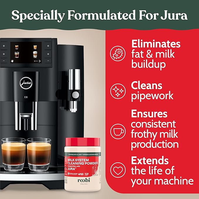 Roobi Compatible Milk System Cleaning Powder for Jura. Specially formulated for Jura Automatic Espresso Coffee Machines. 100% Vegan, Carbon Neutral.