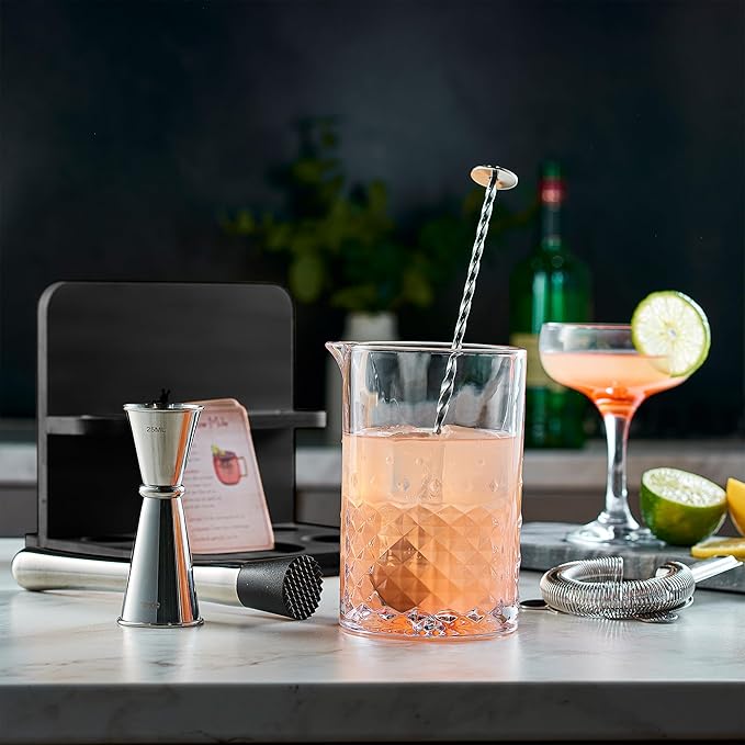 Crystal Cocktail Mixing Glass Set with Bamboo Stand - 22 Oz 650ml - Thick and Sturdy Bottom, Durable and Seamless Design with Bar Accessories