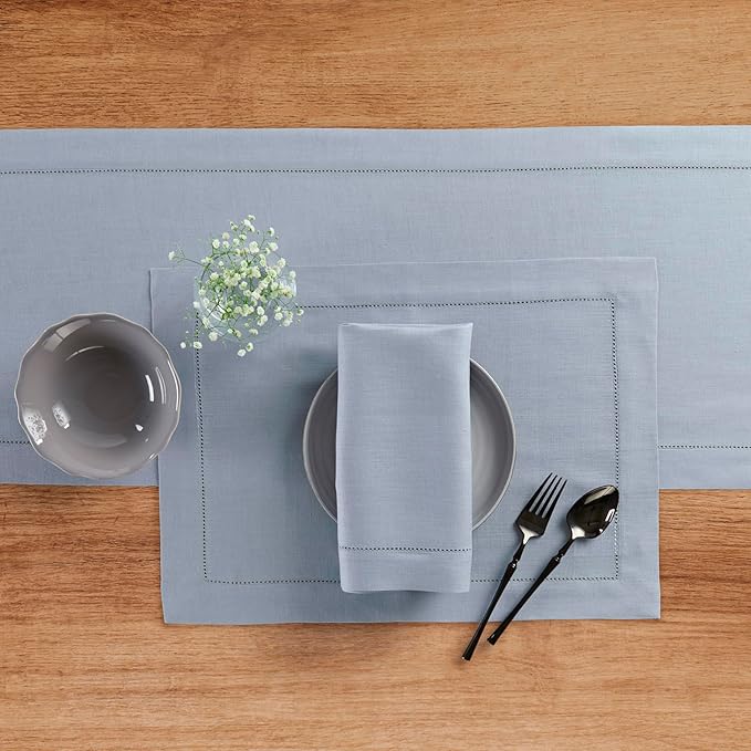 Solino Home Linen Dusty Blue Table Runner 108 Inches Long - 100% Pure Linen Hemstitch 14 x 108 Inch Table Runner for Dining, Summer, Fall, Autumn - Classic Hemstitch
