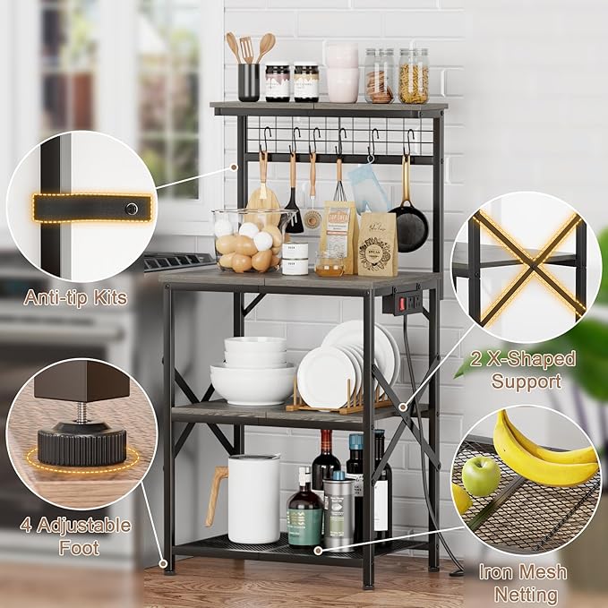 Furologee Kitchen Bakers Rack with Power Outlet, Coffee Bar Station with Storage 4 Tiers, Microwave Oven Stand with 6 S Hooks, Kitchen Storage Shelves Rack for Spices, Pots, Black Oak