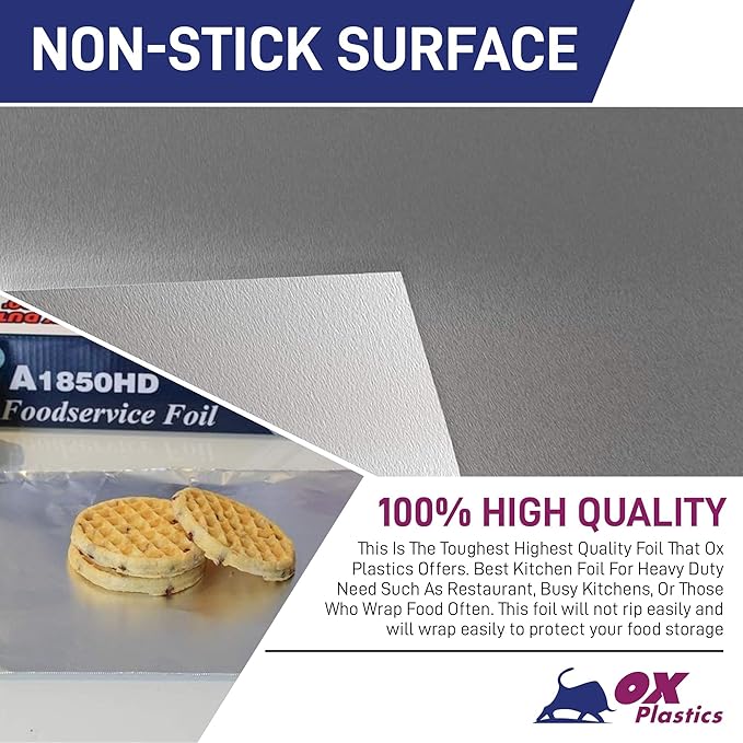 Ox Plastics Aluminum Foil Wrap | Heavy-Duty, Commercial Grade for Food Service Industry | Silver Foil for Cooking, Roasting, Baking, BBQ & Parties | 18"x 500 feet (2 Pack)