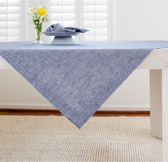 Solino Home Linen Cloth Tablecloth 52 x 52 Inch - 100% Pure Linen Chambray Indigo Square Tablecloth - Athena, Machine Washable Table Throw for Summer