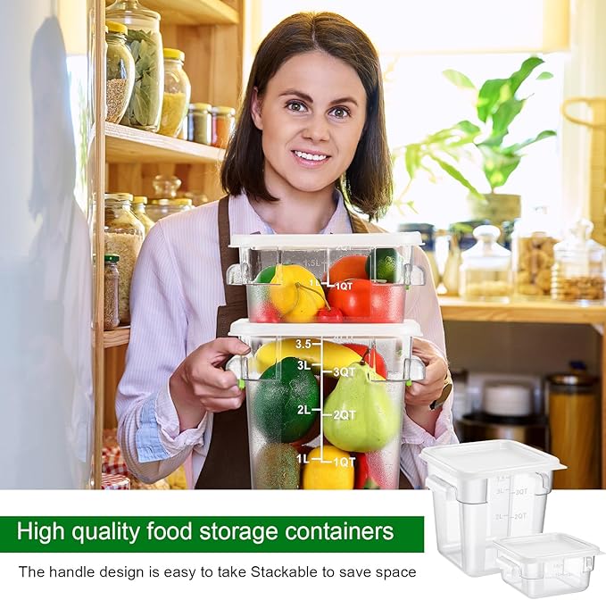 2 Pieces Square Food Storage Containers Polycarbonate Clear food Container with Lid Commercial Storage with Graduations for Commercial Kitchen Dough Marinating Meat (White,2 Qt,4 Qt)