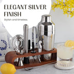 Mixology & Craft Bartender Kit: 10-Piece Cocktail Shaker Set with Dark Bamboo Stand | Complete at Home Bar Set with Bar Accessories | Great Housewarming Gift | Leak-Proof Design (Silver)