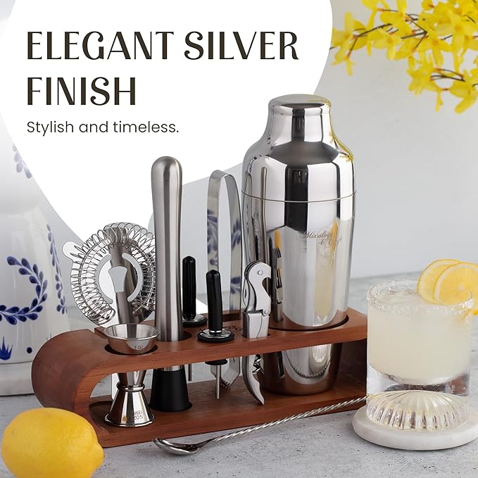 Mixology & Craft Bartender Kit: 10-Piece Cocktail Shaker Set with Dark Bamboo Stand | Complete at Home Bar Set with Bar Accessories | Great Housewarming Gift | Leak-Proof Design (Silver)