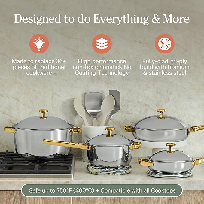 Our Place Titanium Pro Cookware Set (4-Piece) – Always Pan & Perfect Pot | Nonstick No-Coat Technology | Tri-Ply Titanium & Stainless Steel | Safe for Oven, Induction & Cooktops up to 750°F | Gold