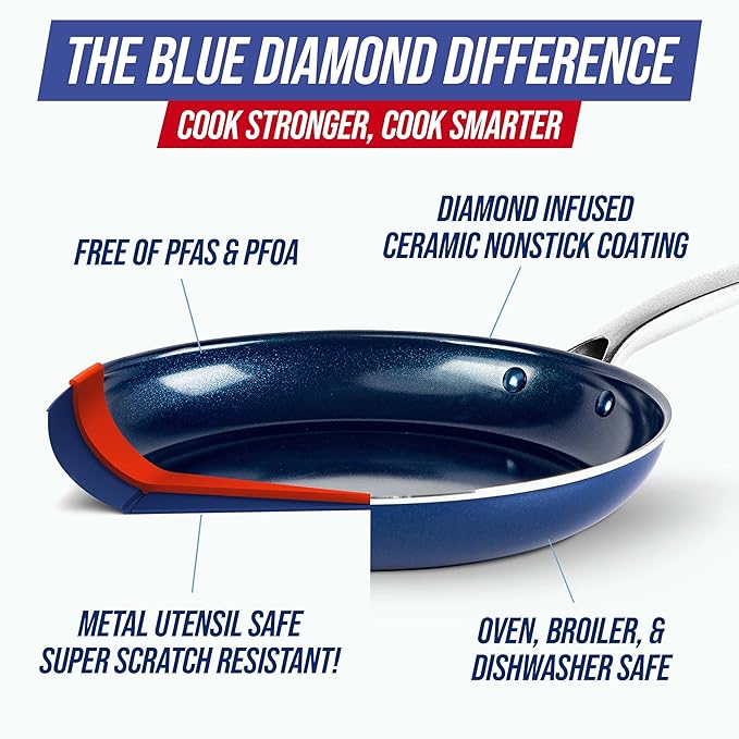 Blue Diamond 10 Piece Nonstick Cookware Set, Diamond Ceramic Pots & Pans, Dishwasher & Metal Utensil Safe, Non Toxic PFAS-Free, Kitchen Cooking Sauce & Saute Pans, Oven & Broiler to 600F, Blue
