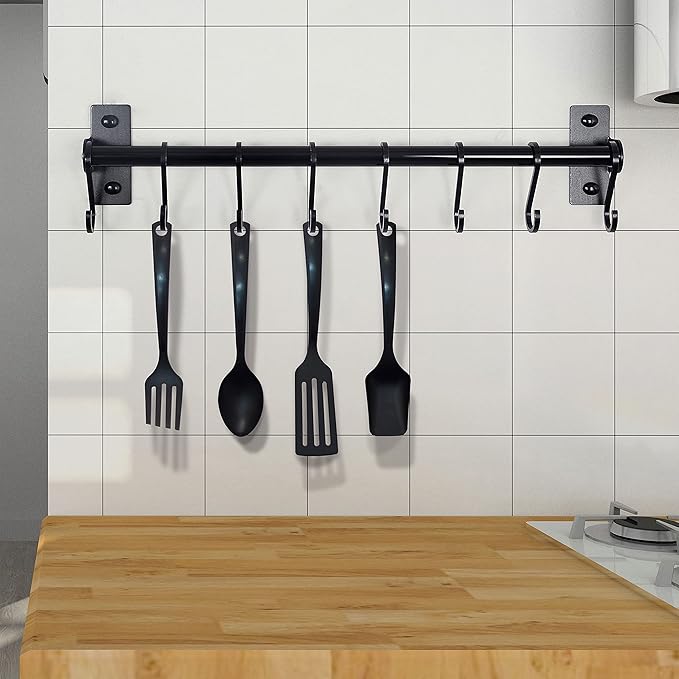 Dseap Kitchen Utensil Holder Hanger, Pot and Pan Rack Wall Mounted, Kitchen Rail with 8 Hooks for Hanging Cooking Utensils, Mugs, Spoons, Wall Mounted, Black