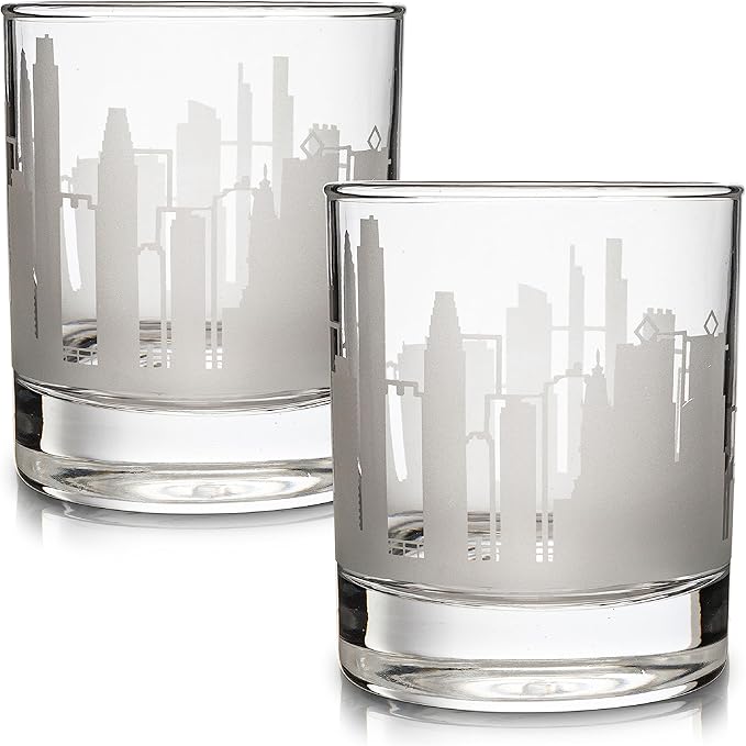 Greenline Goods Skyline Etched Philadelphia Whiskey Glasses Gift (Set of 2) | Old Fashioned Tumbler – For Philadelphia Lovers - City Accessories and Souvenirs - Philadelphia Glassware Decor