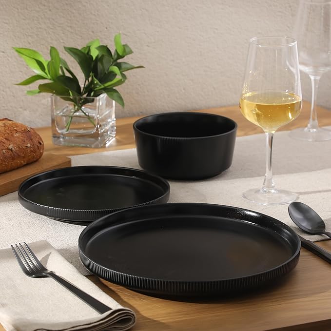 Gibson Home Dempsey Road 12-Piece Stoneware Dinnerware Set – Service for 4, Round Black Plates and Bowls, Durable Solid Color Modern Embossed Dish Set, Microwave & Dishwasher Safe