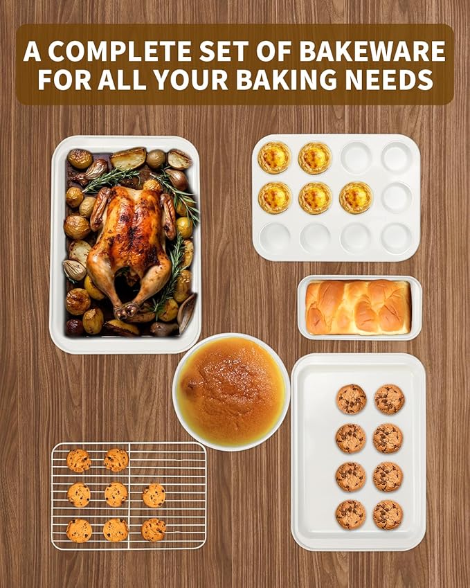 Nonstick Baking Pans Set, 19 PCS Stackable Bakeware Sets, Oven Pan Set Includes Baking Tray, Cookie Sheet, Cake Pans, Loaf Pan, Muffin Pan, Silicone Cups
