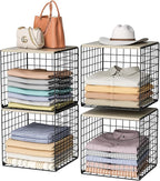 4-Tier Stackable Closet Organizers and Storage Basket, Shelves with Wood Top, Foldable Clothes Storage Bin/Cube Drawer Organizer for Wardrobe, Space-Saving, Closet Organization,Black(Patent Pending) ﻿