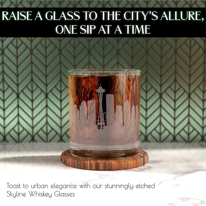 Greenline Goods Skyline Etched Seattle Whiskey Glasses Gift (Set of 2) | Old Fashioned Tumbler – For Seattle Lovers