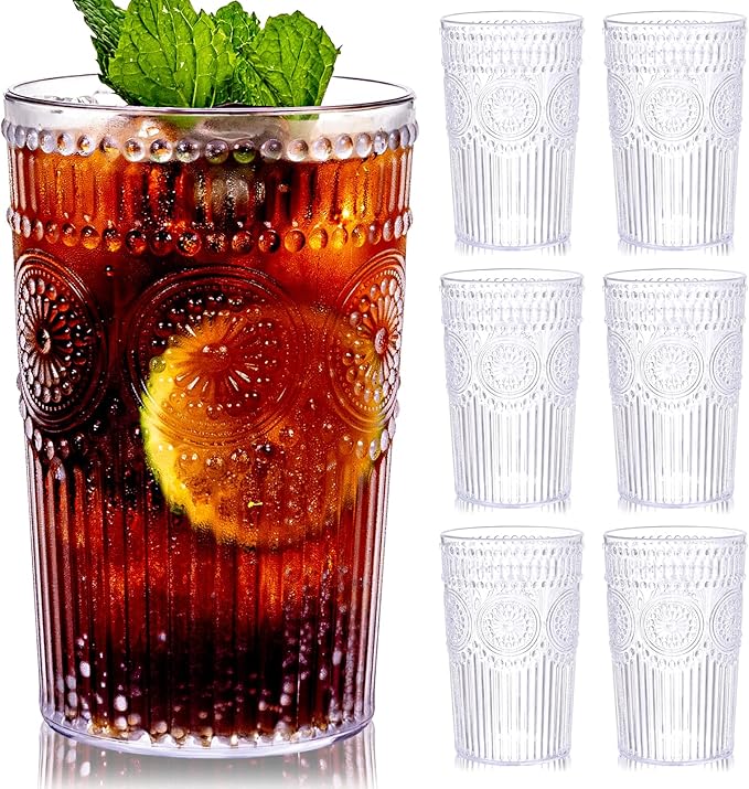 Ciaell 12 Pack Romantic Plastic Water Glasses - 14 Oz Clear Vintage Drinking Glasses, Embossed Ribbed Plastic Cups, Textured Striped Drinkware Set for Juice, Beverages, Beer, Cocktail