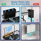 Dish Drying Rack, Compact Dish Racks for Kitchen Counter with Sponge Rack, Space-Saving Dish Drainer Drying Rack with Drainboard, Utensil Holder and and Automatic Drainage Drainboard, Black