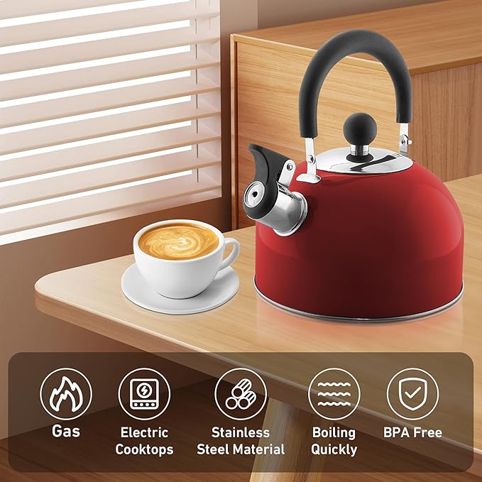 Lily's Home 2 Quart Stainless Steel Whistling Tea Kettle, the Perfect Stovetop Tea and Water Boilers for Your Home, Dorm, Condo or Apartment. Red