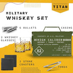 Titan LSO Whiskey Glasses and Stones in Unique Tactical Box Display | Bourbon Cocktail Cups, Coasters and Tongs | Gifts for Men | Glass Set