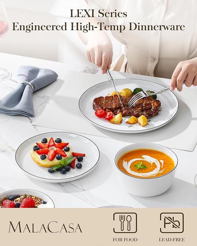 MALACASA 18 Pieces Gourmet Porcelain Dinnerware Sets, Premium Plates and Bowls Set, High-Fired Dishes Set for 6, Chip & Scratch Resistant, Microwave Dishwasher Safe, White & Black Rim, Series LEXI