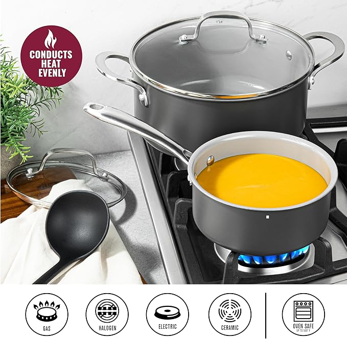 Granitestone Pro 13pcs Pots and Pans Set Non Stick Ceramic Cookware Set with 5 Utensils, Premium Chef Quality Hard Anodized Exterior with Diamond and Mineral Coating, Oven and Dishwasher Safe