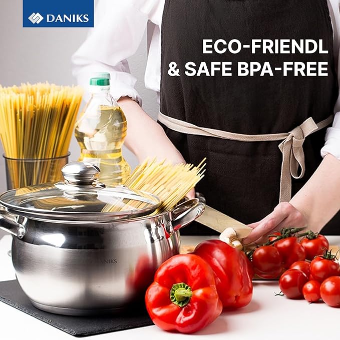 Daniks Classic 11-Piece Stainless Steel Cookware Set with Glass Lids, Includes Saucepan and Frying Pan with Lid, Tri-Ply Bases for Even Heating, Induction Compatible, Dishwasher Safe