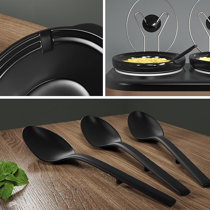 3 * 1.5 Quarts Triple Slow Cooker, Buffet Server & Warmer with 3 Removable Ceramic Pots, 3 Adjustable Temp Settings & 3 Metal Lid Rests, Stainless Steel, Black