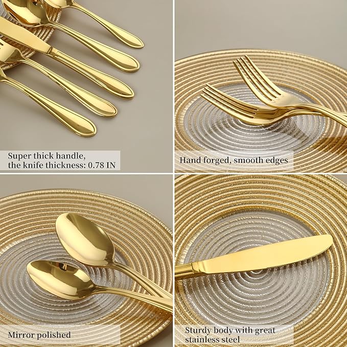 Gold Silverware Set, 40 Piece Flatware Cutlery Set for 8,18/0 Stainless Steel Utensils,Mirror Polished Modern Tableware for Home & Kitchen Dining Wedding, Party