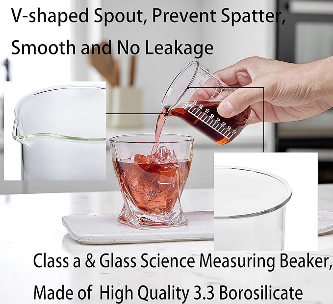 Ackers Etching Scale Measuring Glass V-Shaped Spout Made of High Borosilicate Glass Measuring for Kitchen or Restaurant, Easy to Read, 150 ML (5 Oz)- Pack of 2