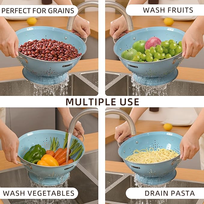 Metal Colander 2 Pack, Strainer Bowel with Handles 2Qt & 6Qt Powder Coated Solid Ring Base Heavey Duty Kitchen Drainer Basket for Pasta Veggies and Fruits,New Home Apartment Essentials (ArcticBlue)