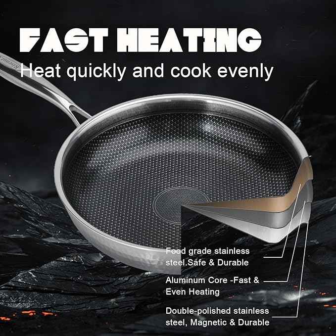 Hybrid 10 inch Stainless Steel Non Stick Skillet,Frying Pans Nonstick, PFOA Free Cookware, Dishwasher and Oven Safe, Induction Compatible