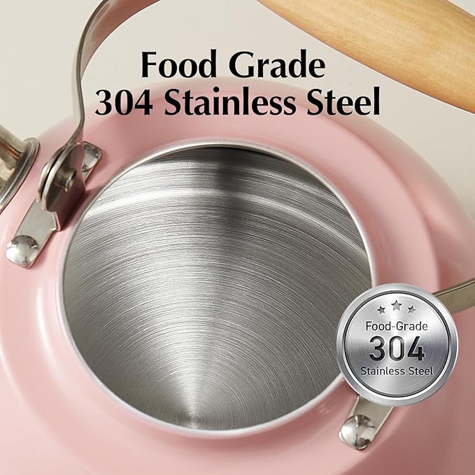 ROCKURWOK Tea Kettle, Tea Pot with Cool Touch Ergonomic Handle, Teapot Food Grade Stainless Steel, Tea Kettle Stovetop, Kettle Teapot, Whistling Tea Kettles, Small Tea Pot, 1.6 Quart (Pink)