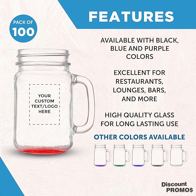 DISCOUNT PROMOS Custom Libbey Mason Jars w/Handles 16 oz. Set of 100, Personalized Bulk Pack - Traditional style, High standard - Red