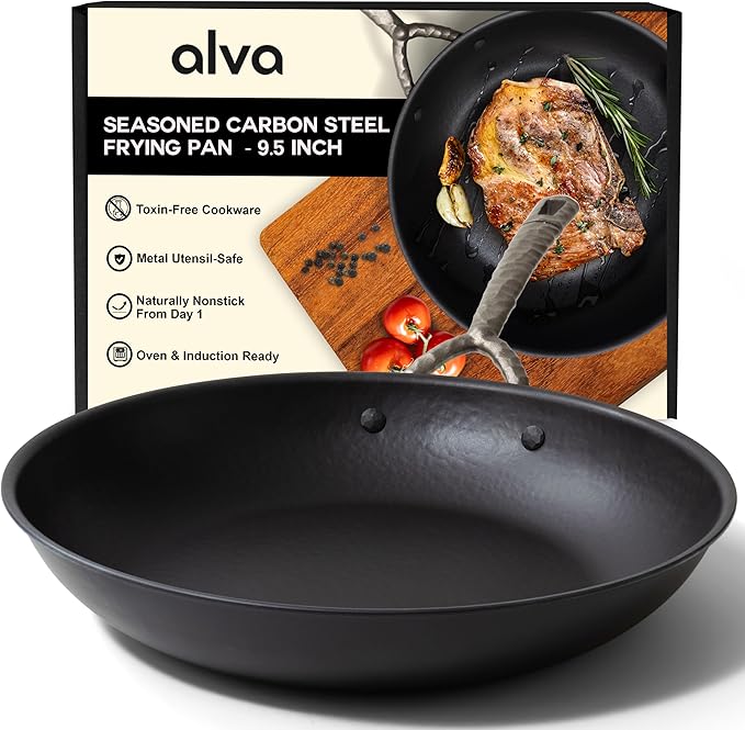 Alva Artist 9.5” Carbon Steel Frying Pan – Naturally Nonstick & No PTFE, PFOA, PFAS – Chef-Grade Heat Control for Even Cooking – Oven & Induction Safe – Easy to Clean & Built to Last a Lifetime