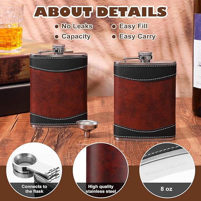 6 Pcs 8 oz Leather Hip Flasks for Liquor for Men Leak Proof Stainless Steel Drinking Flasks Bulk Soft Wrap Whiskey Flask with Funnel for Wedding Bridesmaid Christmas Gifts, Leather Brown