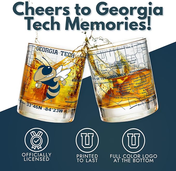 Greenline Goods – Georgia Tech University Yellow Jackets College Whiskey Glasses (Set of 2), 10 oz – Full-Color Logo + Campus Map